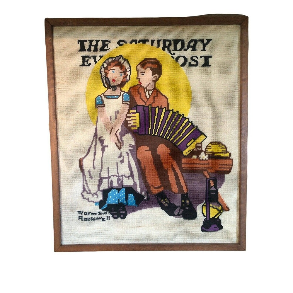 Vtg Norman Rockwell Needlepoint Framed Picture The Saturday Evenings Post Framed